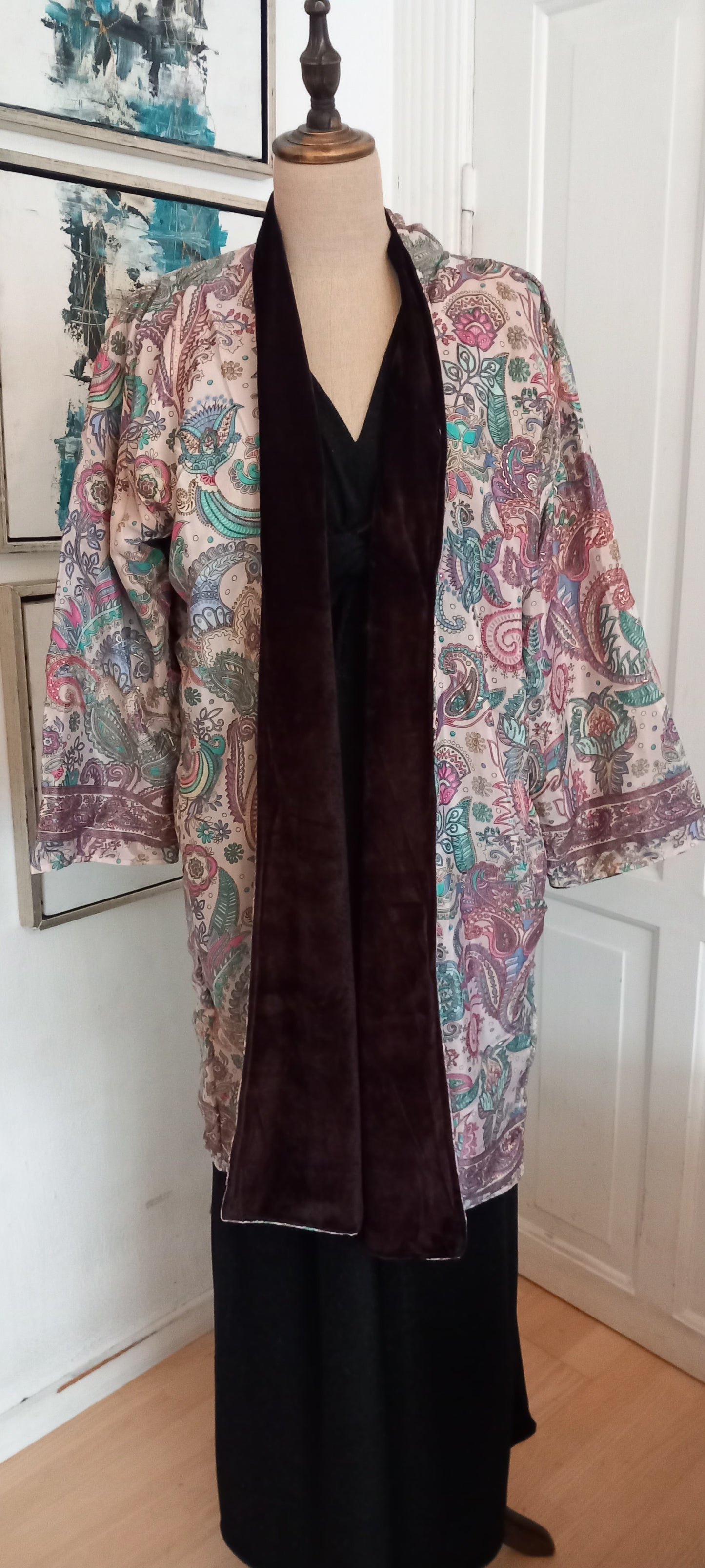 Lang og eksklusiv håndlavet silke/velour Kimono, 2