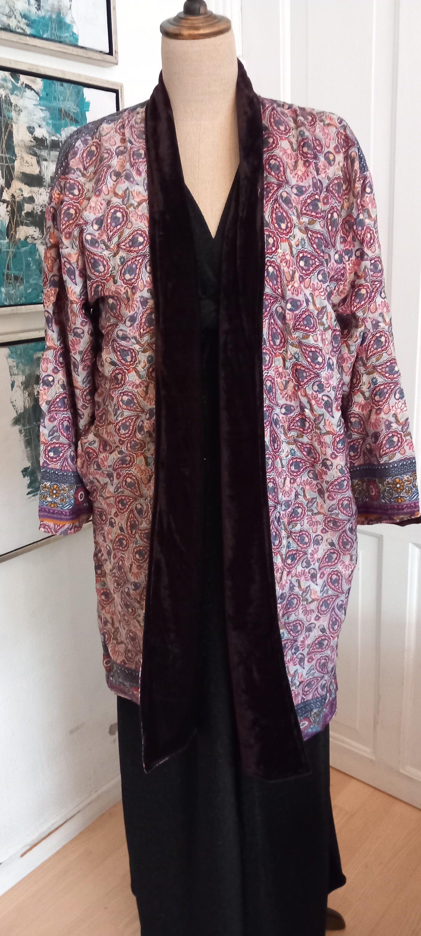 Lang og eksklusiv håndlavet silke/velour Kimono, 1
