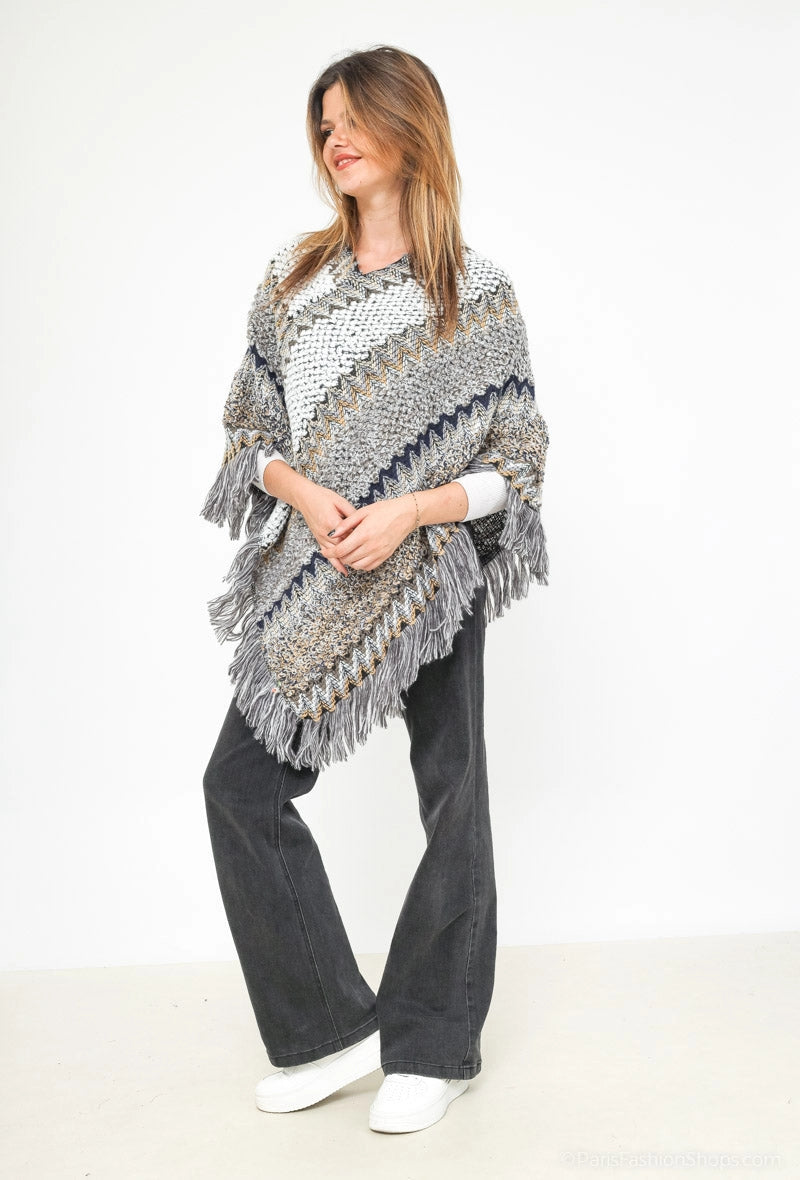 Poncho, strik med frynser, grå