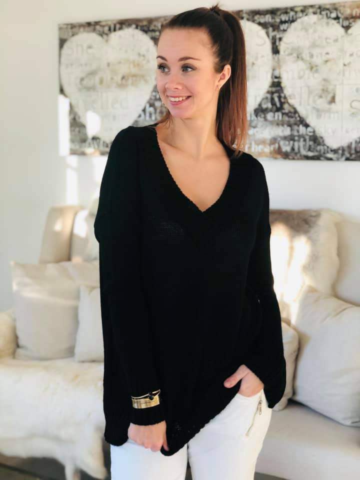 Bluse, strik med v-hals