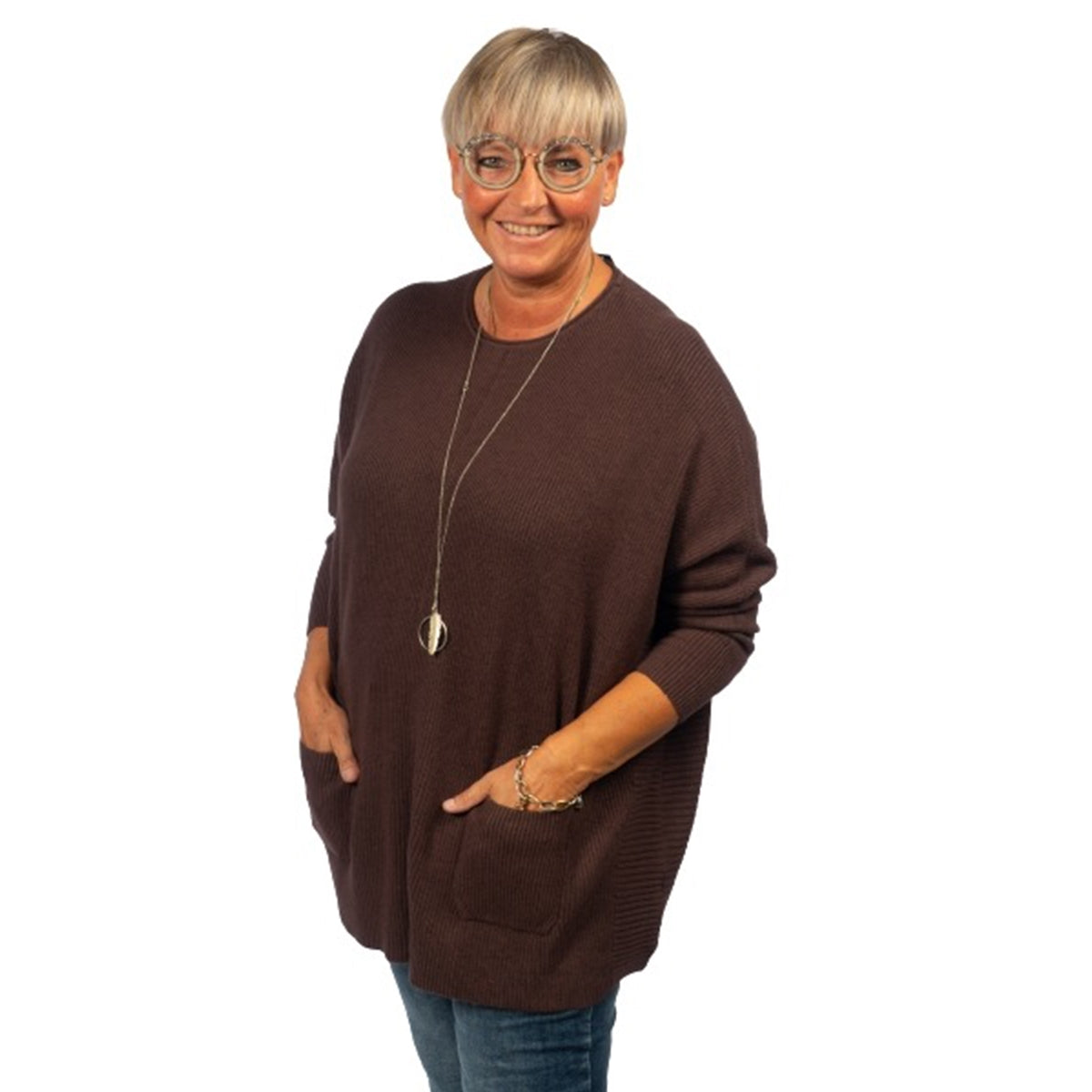 Janne k -oversize strik med lommer, brun