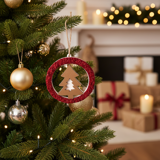 Juletræsophæng, ornament, rød med træ