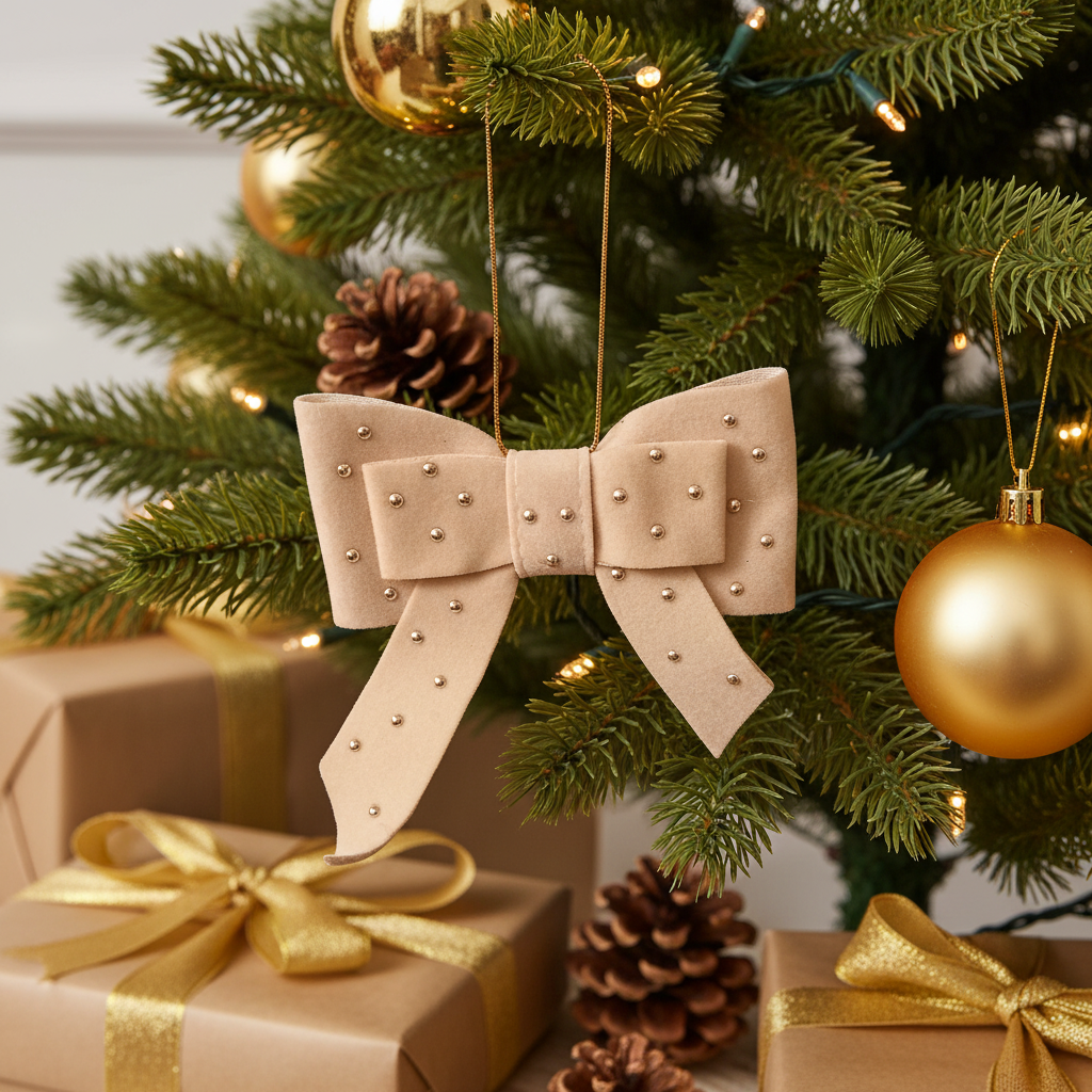 Juletræsophæng, sløjfe med sten, beige