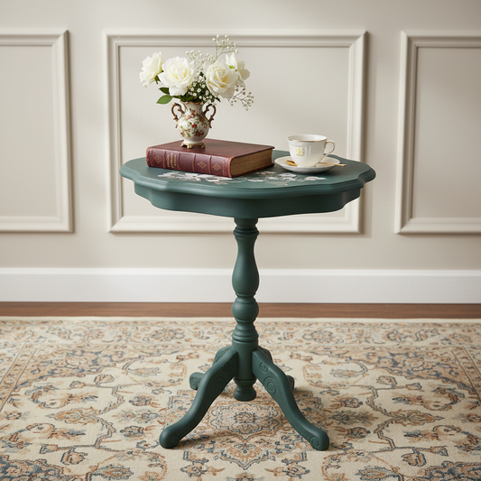 Sidebord, dusty olive, med blomster