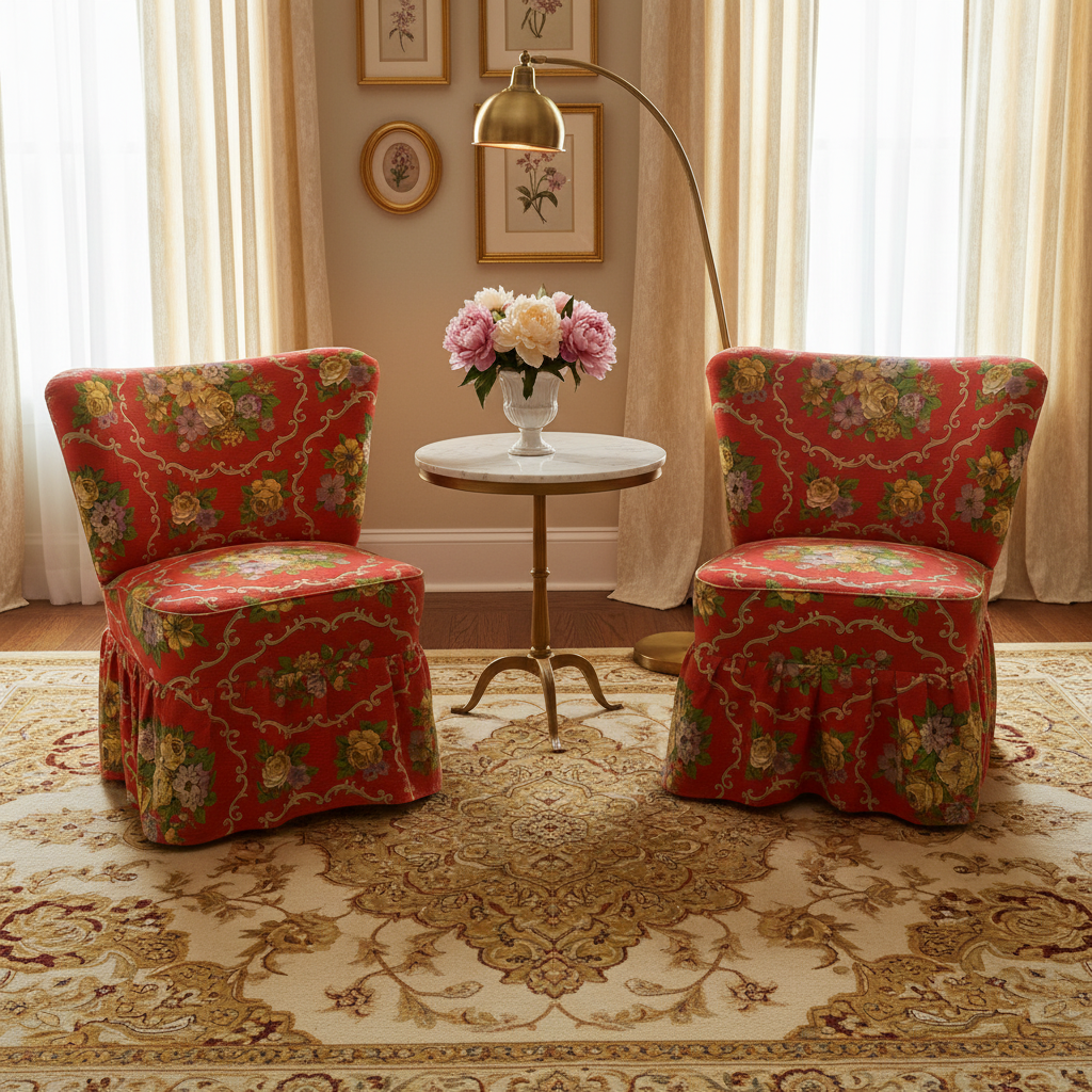 2 stk lænestole, rød med blomster