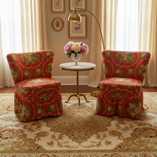 2 stk lænestole, rød med blomster