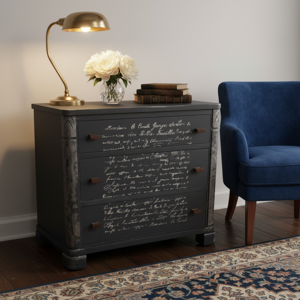 Kommode med sølv tekst på fronten