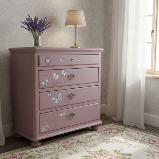 Kommode med sommerfugle og tekst