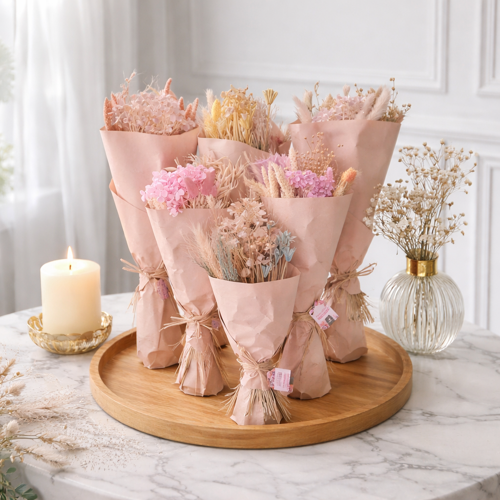 Tørret blomsterbuket i rosa og nude nuancer