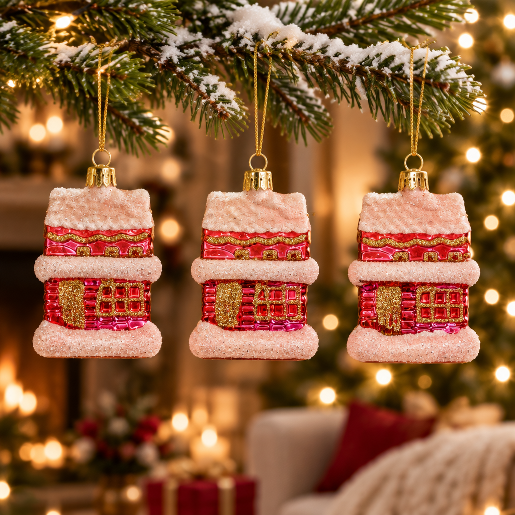 juletræsophæng, pink, 3 huse