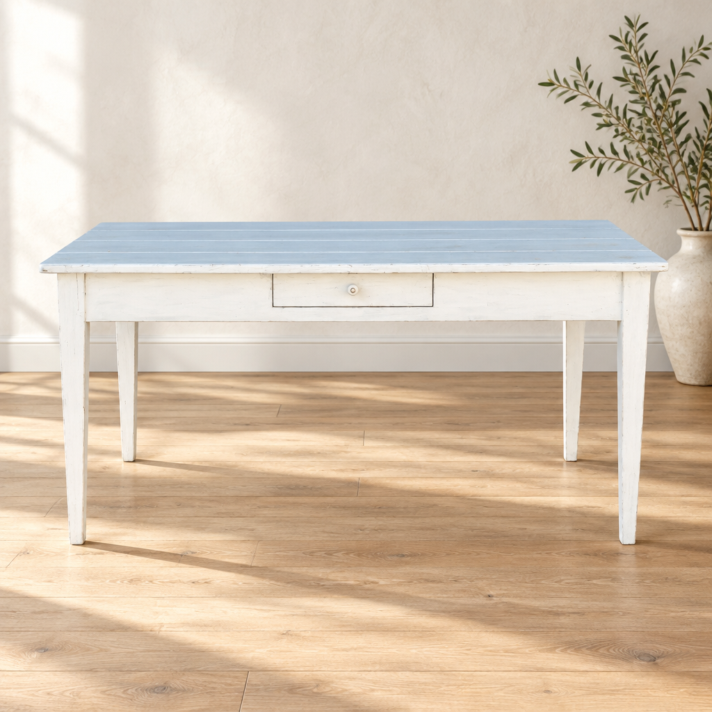 Langbord,hvidt med skuffe