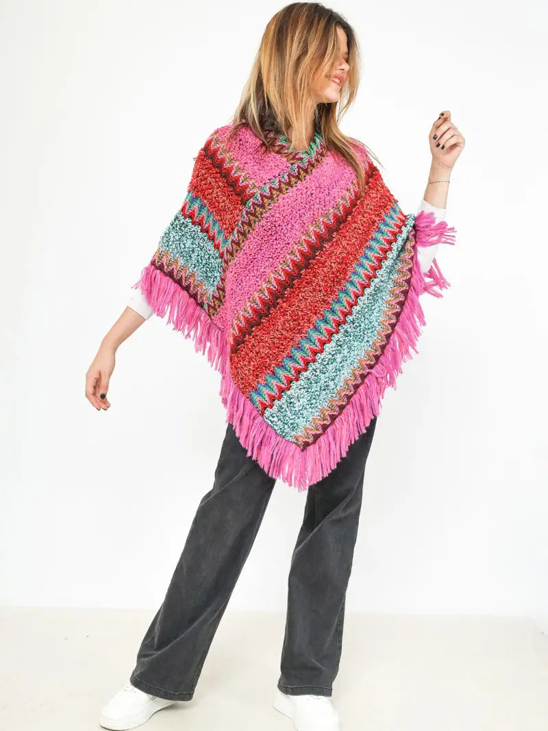 Poncho, strik med frynser, fuchia