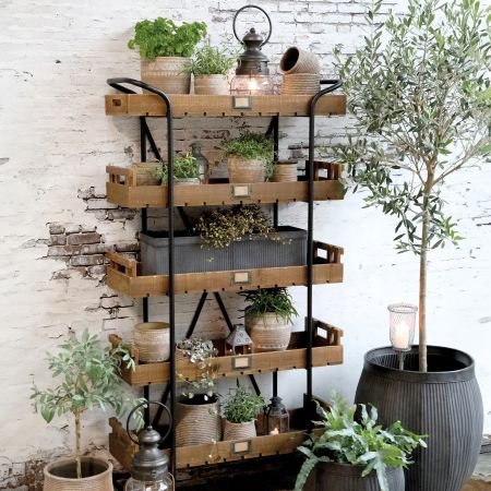 Vogn på hjul m. 5 træbakker, natur