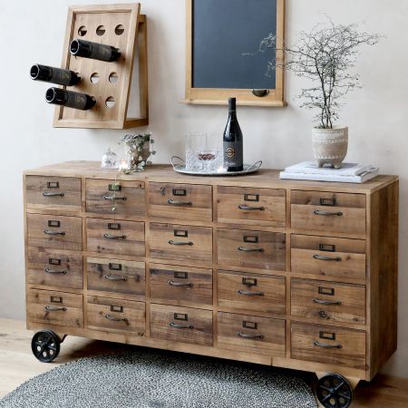 Købmandsdisk på hjul m. 20 skuffer, natur