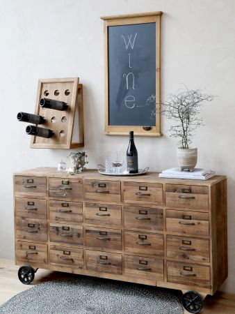 Købmandsdisk på hjul m. 20 skuffer, natur