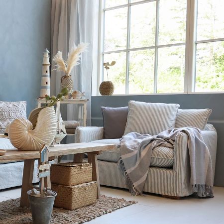 Malo Stol i hør m. 3 puder, sky blue og creme striber