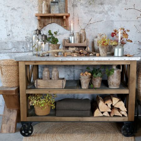 Køkkenø på hjul m. zinktop og hylder