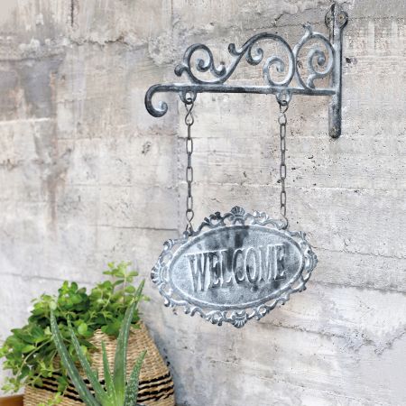 Skilt "Welcome", antique grey, hængende