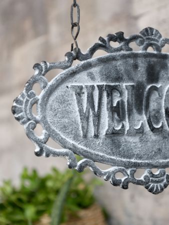Skilt "Welcome", antique grey, hængende