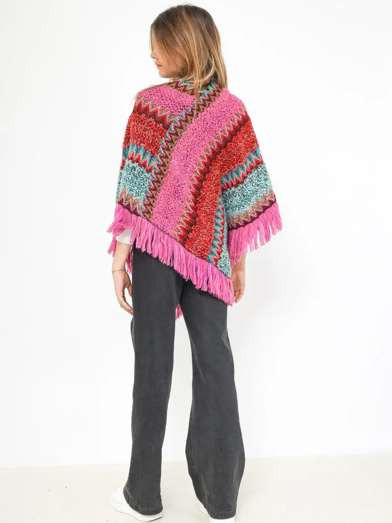 Poncho, strik med frynser, fuchia
