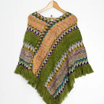 Poncho, strik med frynser, grøn