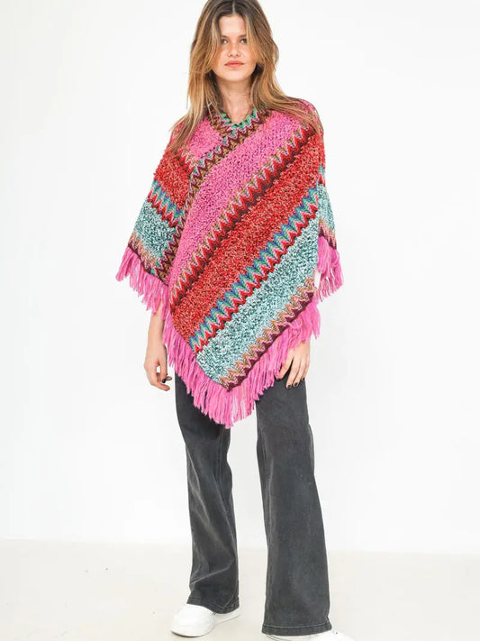Poncho, strik med frynser, fuchia